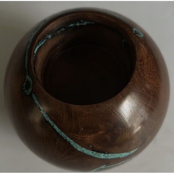 Handcrafted Signed Dark Wood Turquoise Inlay Candle Holder Artisan Southwestern - Picture 9 of 10